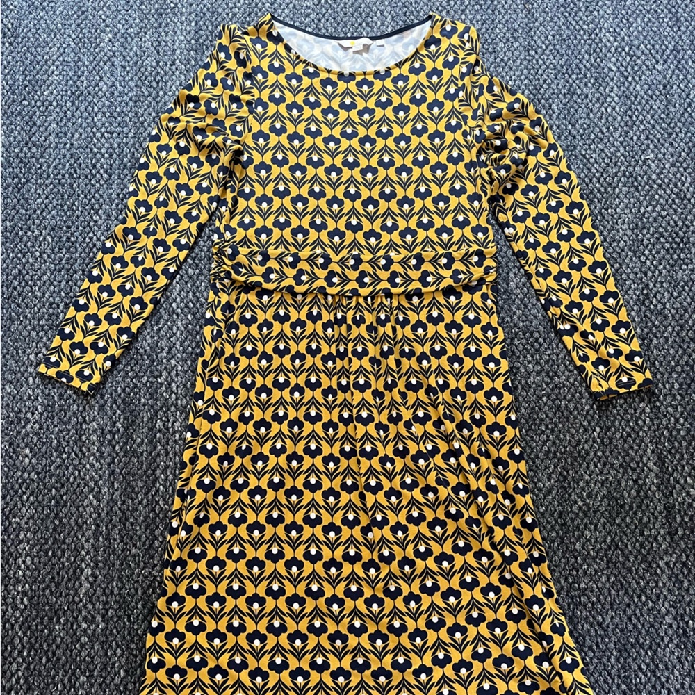 Boden Long Sleeve Printed Dress, Yellow/Navy, Size 14L